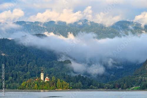 Bled Island Church In Rising Mist On Lake Bled Slovenia At Sunrise