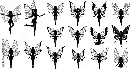 Fairy silhouette illustration, fantasy art, magical wings, flying fairies, elegant poses, mystical design, enchanted figures, whimsical style, creative decoration