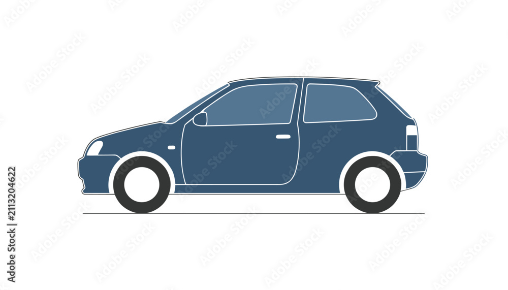 Obraz premium Modern dark blue hatchback car side profile view showing clean lines and sporty design on white background.