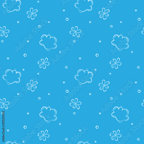 seamless pattern on a children's theme with flowers and clouds on a light background