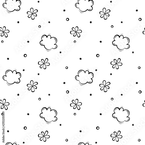 seamless pattern on a children's theme with flowers and clouds on a light background