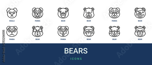 Photography Set of 12 outline web Bears icons such as bear, bear, bear, panda, panda, vector