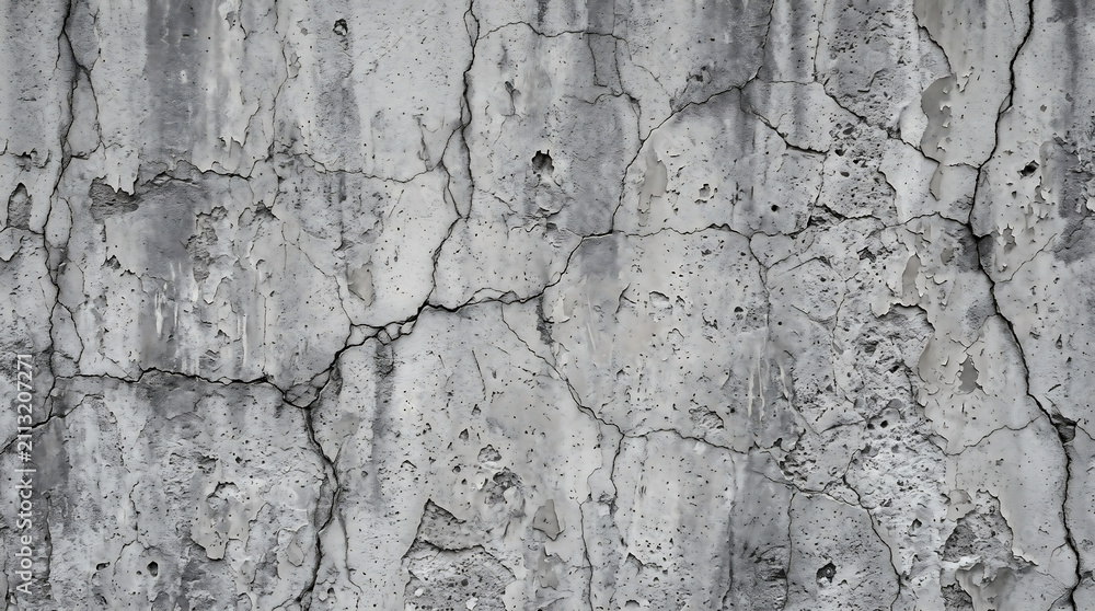 Fototapeta premium Weathered gray concrete wall with deep structural cracks.
