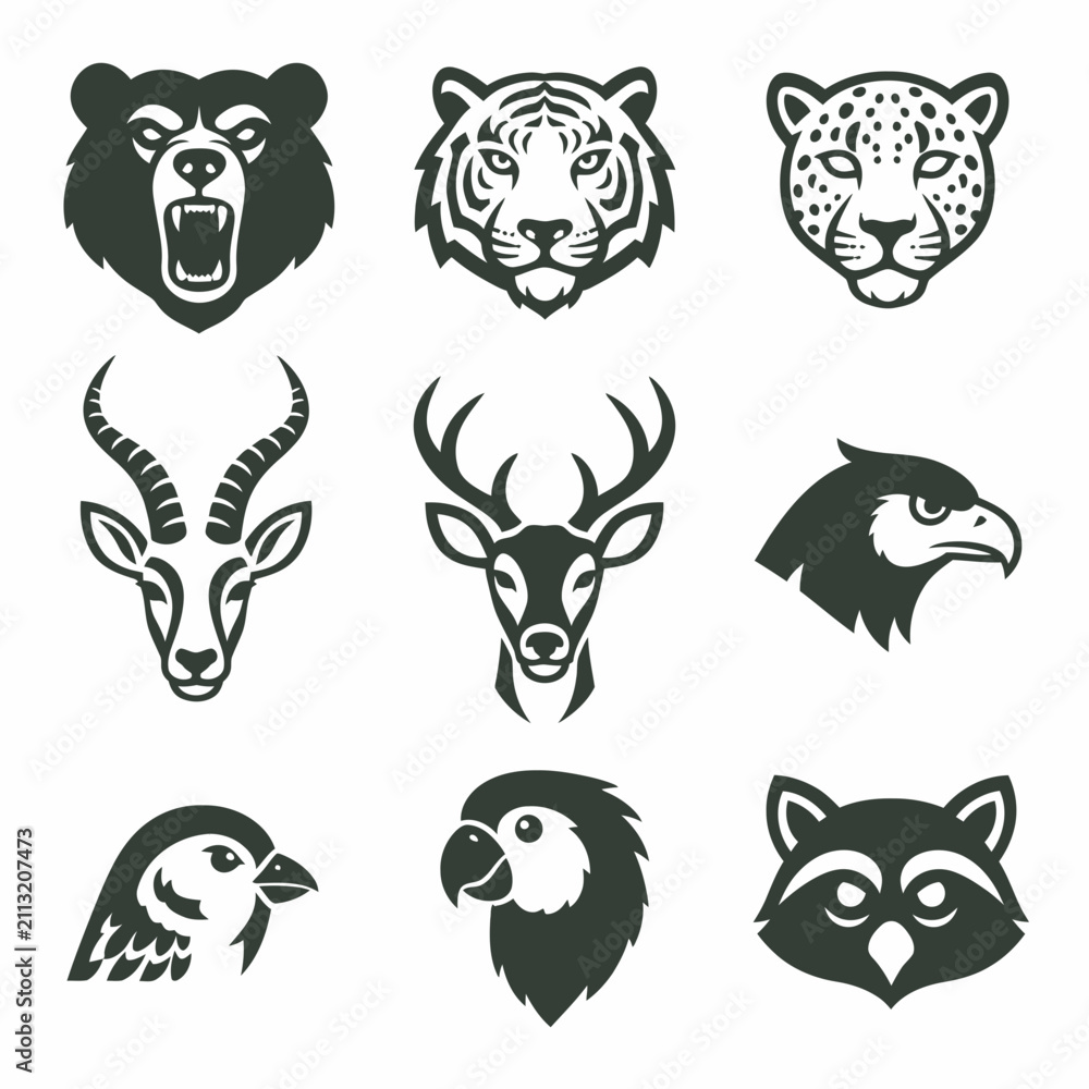 Obraz premium Collection of black and white animal head icons.