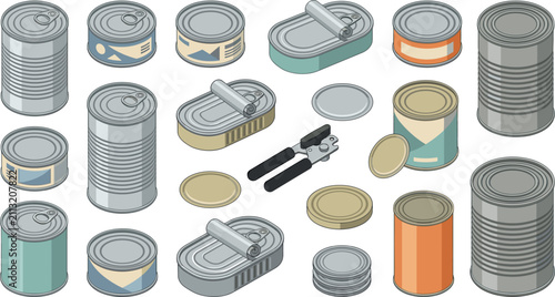 Tin Can Vector Illustration Set with Metal Food Containers Sardine Tins Can Opener and Lids for Grocery Pantry and Emergency Supply Graphic Designs