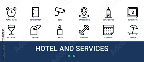 Set of 12 outline web Hotel and Services icons such as Sunbed, calendar, dumbbell, candle, sale tag, alcoholic drink, deposit box vector icons for report, presentation, diagram, web design, mobile