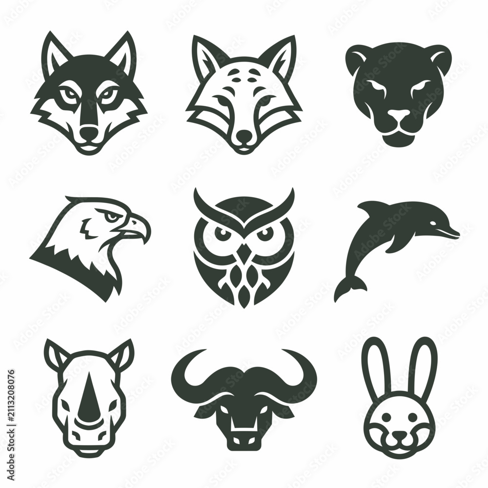 Obraz premium Collection of nine black and white animal-themed logo icons.