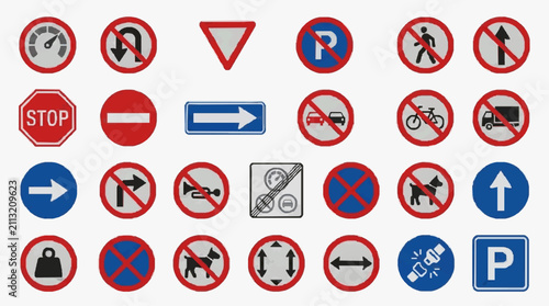 Canvastavla Minimalist Collection of 30 International Road Signs with Prohibitive Mandatory