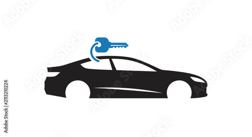 A simple black silhouette of a car with a blue key icon above it