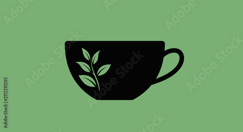 A simple black tea cup icon illustration on a solid green background