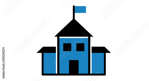 A simple blue and black icon representing a generic school building structure