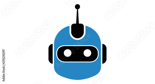 A simple blue and black icon of a friendly robot head on a white background