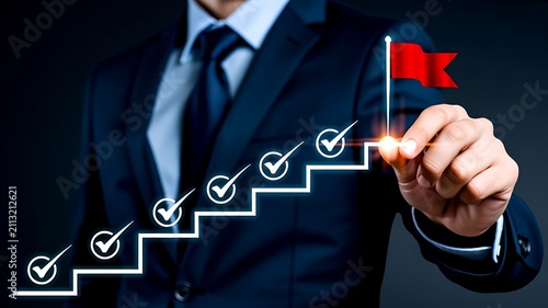 Business success roadmap with milestone checklist and target achievement concept
