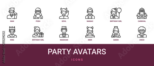 Fotografía Set of 12 outline web Party Avatars icons such as disco, queen, deer, magician,