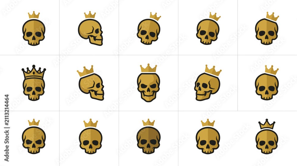 Obraz premium Golden skull icons wearing various royal crowns.
