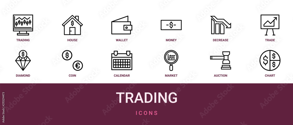 Naklejka premium Set of 12 outline web Trading icons such as chart, auction, market research, calendar, coin, diamond, trade vector icons for report, presentation, diagram, web design, mobile app