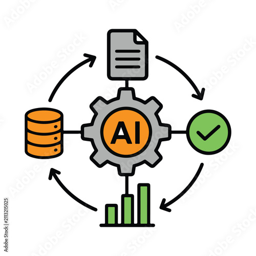 AI Workflow Automation Icon with Database, Document, Analytics and Approval Process Vector Illustration