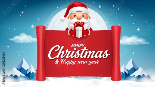 Cute Santa Claus Holding Gift Box with Red Christmas Banner, Merry Christmas and Happy New Year Greeting Card Illustration