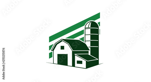A simple green icon showing a traditional farm building and a tall grain silo