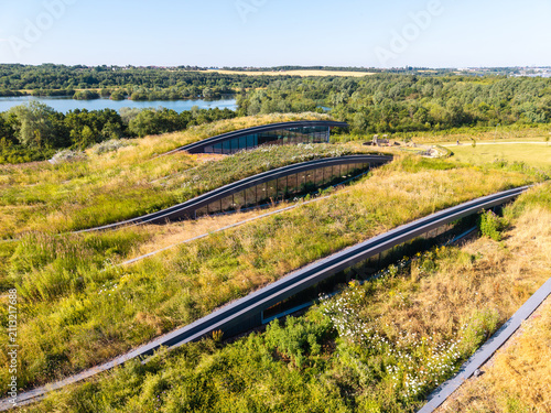 Aerial view of the green living roof of a responsible business building