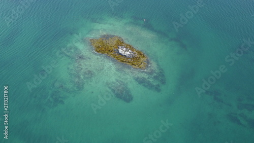Clear water shows an island with rocks and seaweed in the ocean
