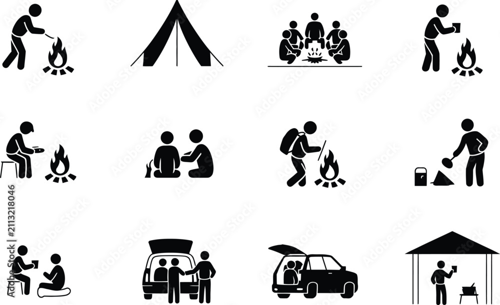 Obraz premium Set of black and white camping and outdoor activity featuring stick figures, tents, campfires, cars, and people cooking or relaxing in nature settings