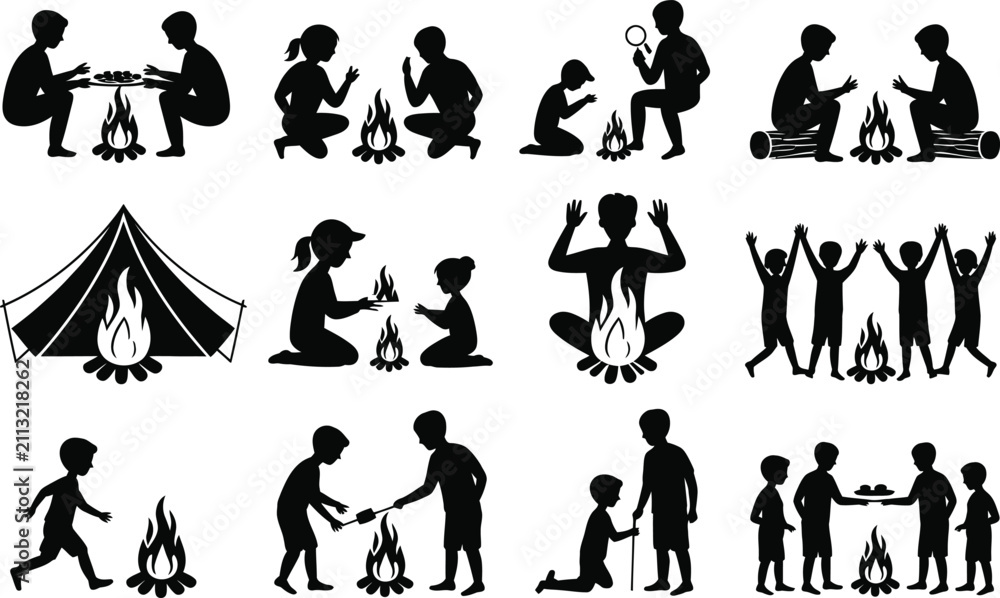Obraz premium Set of black silhouette depicting children camping, sitting around campfires, roasting marshmallows, telling stories, and playing outdoors in nature