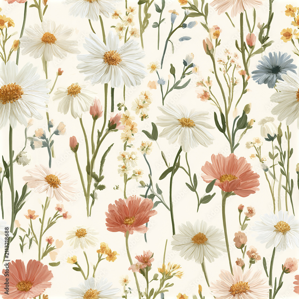 Fototapeta premium Modern Scandinavian seamless floral pattern with soft pastel flowers and green stems