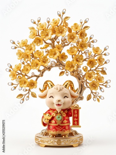 Masterpiece luxury chibi prosperity goat mascot standing beneath a magnificent blooming golden plum blossom tree featuring metallic gold branches and glossy ceramic flowers on white  