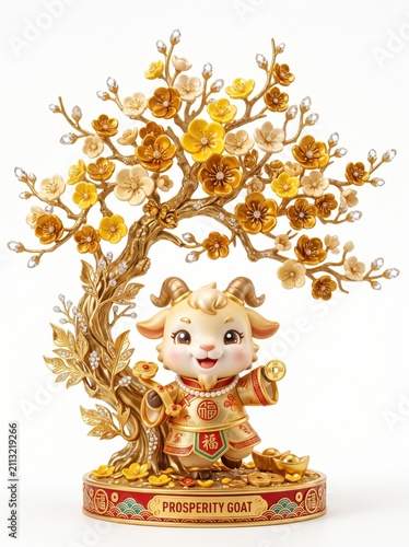 Masterpiece luxury chibi prosperity goat mascot standing beneath a magnificent blooming golden plum blossom tree featuring metallic gold branches and glossy ceramic flowers on white


