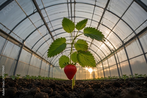 Ripe Strawberry Plant with Berries and Flowers at Sunrise 