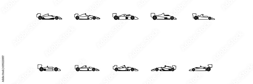 Naklejka premium Race Cars in Black and White Illustration with Various Angles and Positions Featuring Vector, Sleek, Design with Automotive