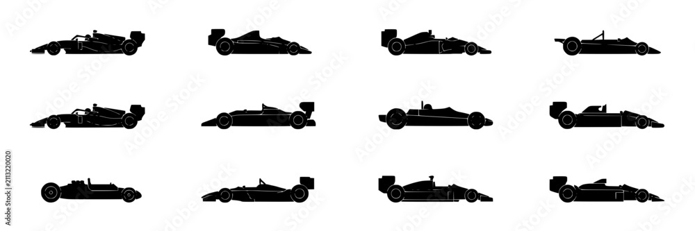 Fototapeta premium Race Cars in Black and White with Sleek Designs Arranged in a Grid Pattern Featuring Design, Vehicle, Racing with Automotive