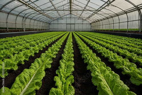 Fresh Romaine Lettuce Growing in Symmetrical Rows Inside 