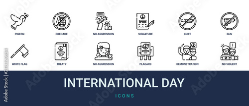 Cuadro en lienzo Set of 12 outline web International Day icons such as no violent protest, demons