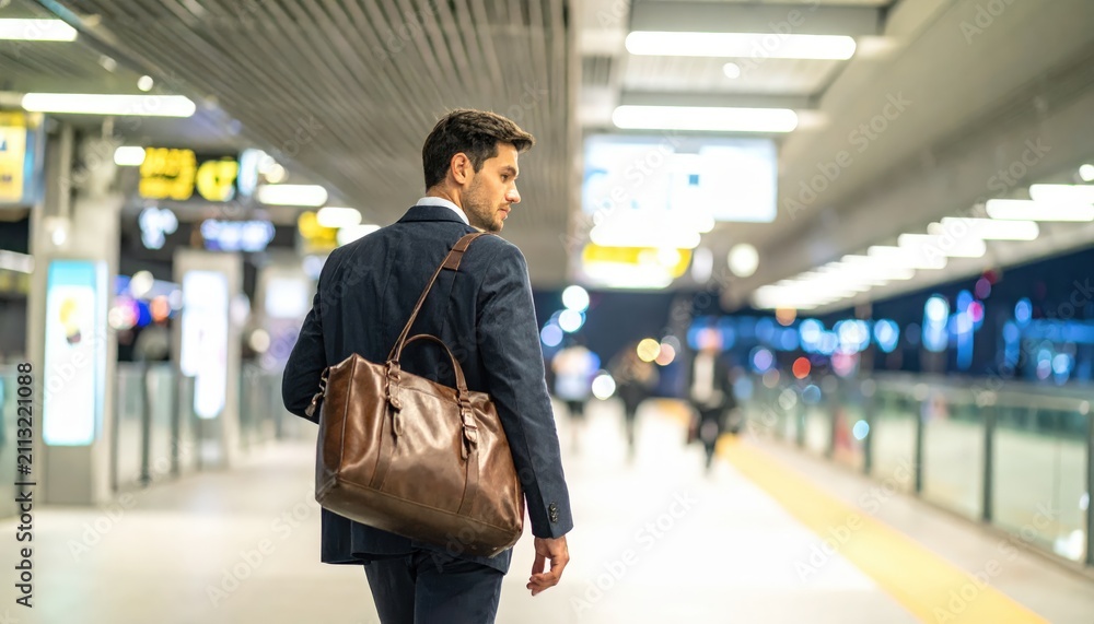 Fototapeta premium Businessman Carrying Suit Jacket Walking along Railway Station Platform for Commute and Business Travel