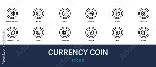 Obraz na plátně Set of 12 outline web Currency Coin icons such as naira, kip, Tugrik, canadian dollar, riyal, from currency coin collection