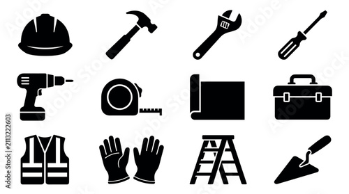 Construction tools and equipment glyph icon set, black vector symbols for building and renovation