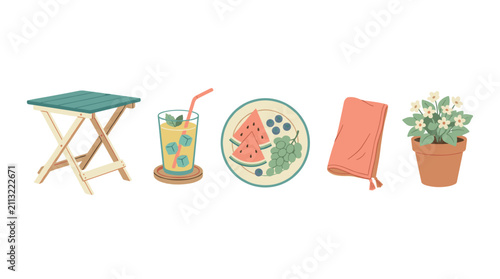 Summer picnic and garden flat vector illustration set featuring a folding table, iced drink, fruit plate, towel, and potted plant