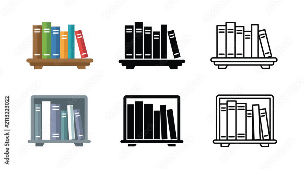 Obraz premium Set of colorful and black and white library book shelf icons in flat and outline design styles