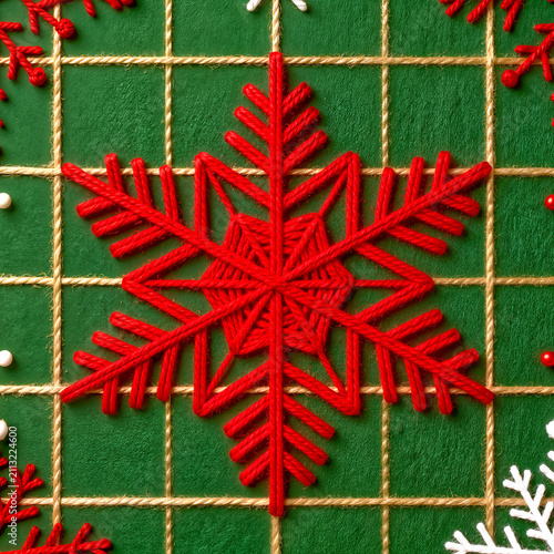 An overhead square composition showcasing a centered, intricate red cord snowflake motif set against a green textured backdrop with a golden string grid.
