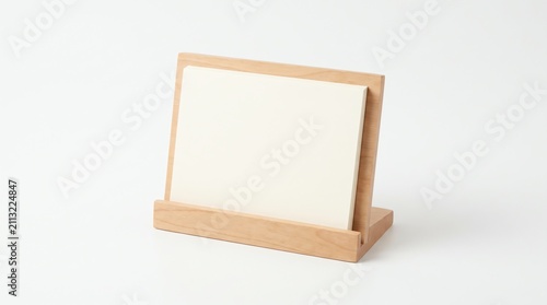 Blank White Card on Wooden Stand Mockup Isolated on White Background