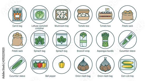 Colorful flat design icons of various food packaging and produce.