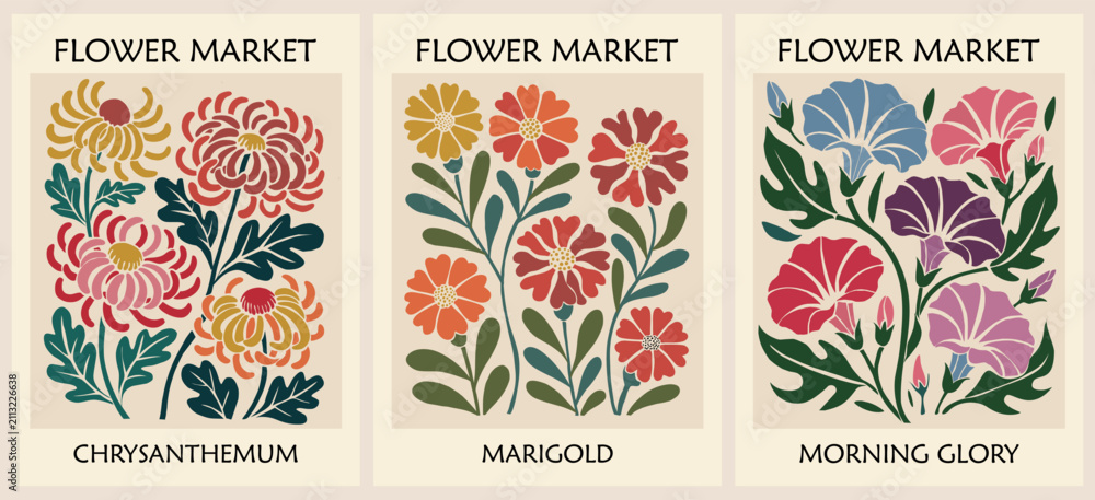 Fototapeta premium Vibrant floral patterns grace vintage-style market posters. Each poster showcases autumn bloom with distinct seasonal hues. Chrysanthemum, marigold, and morning glory fill the frames