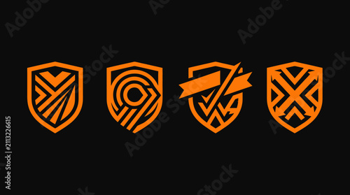 Four orange linear shield logo icons on black background.