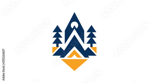 Geometric blue and gold mountain pine tree logo.