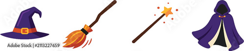 Witchcraft symbols arranged in a row with a purple hat broomstick wand and cloak