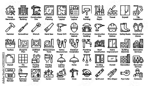 Building Interior Design and Home Renovation Line Icons with Construction Tools Safety and Repair Editable Vector Set