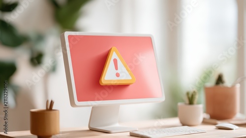 A computer screen on a desk displays a red warning alert with an exclamation mark, surrounded by office accessories and plants in a softly lit workspace.