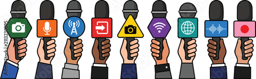 Many diverse journalist hands holding professional microphones with colorful branding icons on transparent background
